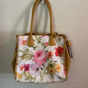 CLAUDA  FIRENZE Floral Leather Tote/Purse/Bag with Tan Accents
